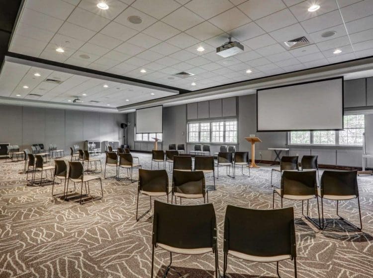 Large conference room with neutral tones, a modern carpet design, and rows of chairs arranged for presentations. The room features multiple projectors and large windows for natural light