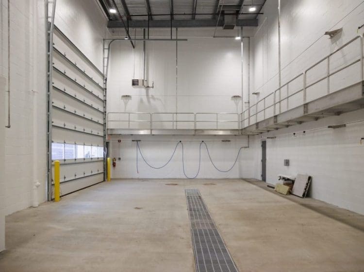 Bright industrial space with white walls, a mezzanine level, and a floor drainage system.